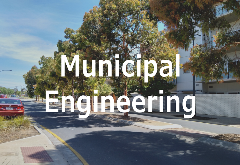 Municipal Engineering small town streetscap with text Civil Engineering and Surveying services municipal engineering